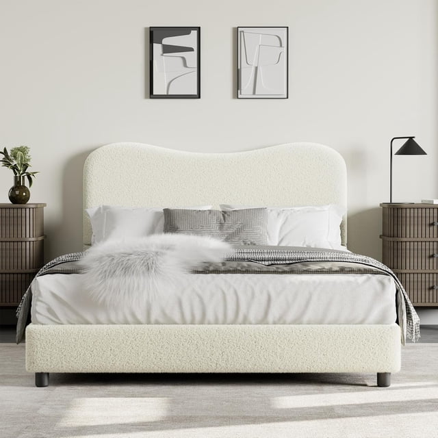 Qinaqin Senfot Boucle Cama Frame con Upholstered cm de Alturaeadboard Suave Low Profile Robusto Platform Rounded Corners Profundidadsign; Resistente Profundidad Madera Slats Noise