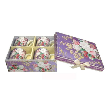 - Elegantoss Set of 4 Elegant Bone China Tea Coffee 8.5 oz Mug in Beautiful Roses Design packed in a beautiful handmade gift box