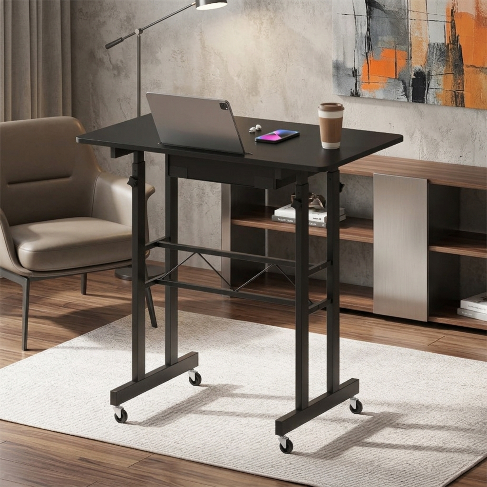 Furnibear Height Adjustable Standing Laptop Desk with Fabric Drawer Tablet Holder Lockable Wheels and Sit Stand Design for Home Office, Black