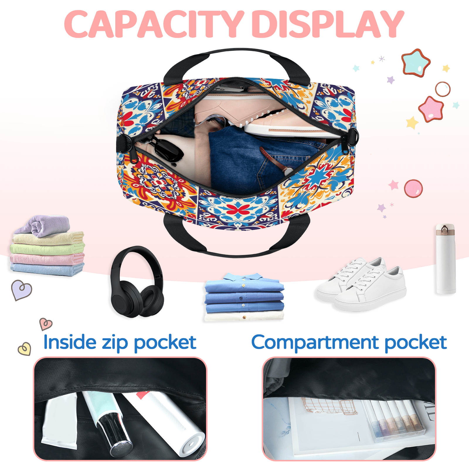 Herdesigns Mexican Talavera Tile Gym Bag for Women, Duffle Bag for Travel Sport, Lightweight Waterproof Carry on Weekender Overnight Dance Yoga Workout Bags