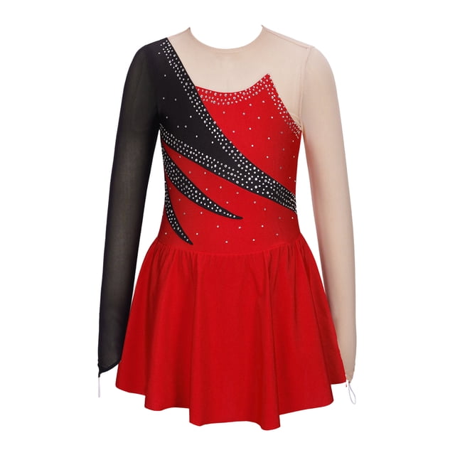 Yanarno Robe de Danse pour Filles Enfants à Manches Longues, Robes Tutu, Costumes Lyriques Modernes Contemporains, Rouge 12