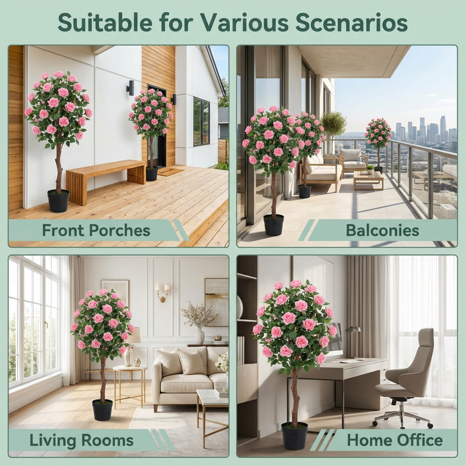 Vebreda Artificial Plant Decor, Artificial Camellia Tree with 27 Blossoms in Cement Pot for Home, Realistic Floral Details, Built to Last