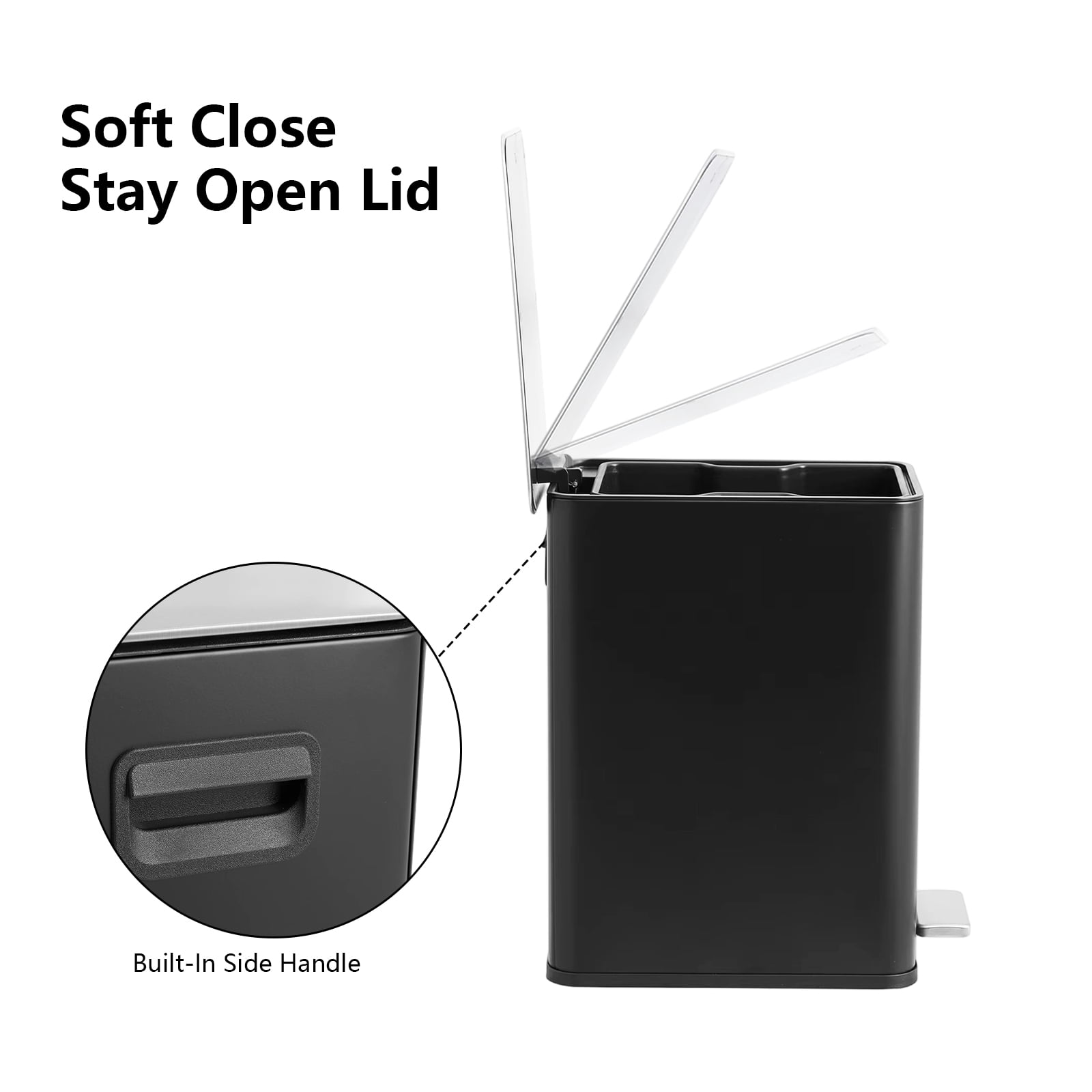 Simplykleen15L/4 Gallon Rectangular Step Trash Can Stainless Steel Garbage Can with Removable Inner Bucket For Kitchen Bathroom Office Black