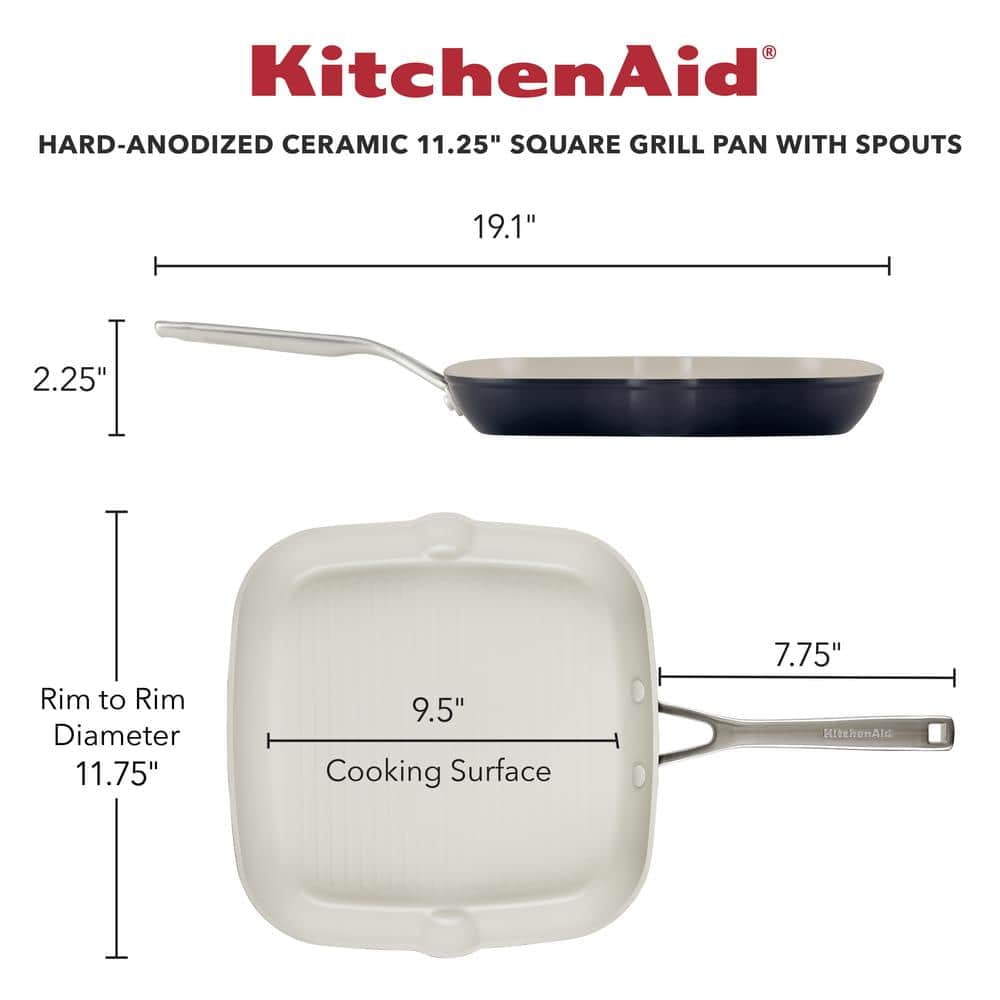 KitchenAid Hard Anodized 11.25 Inch Ceramic Nonstick Grill Pan, Oven Safe to 500°F, Matte Black
