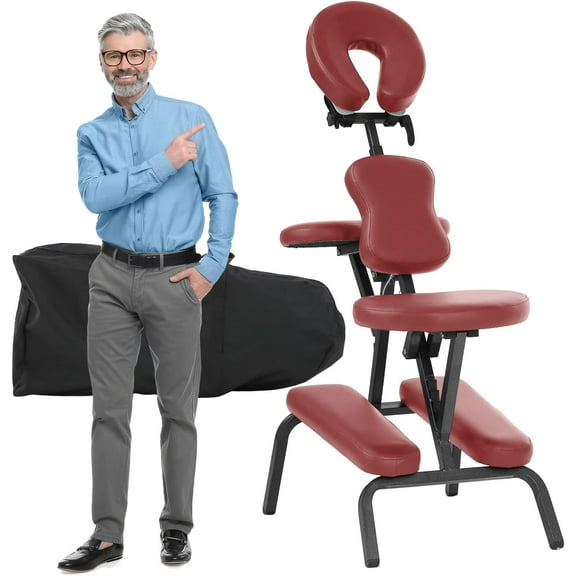 XgoodX Portable Massage Chair,Foam Therapy Chair Height Adjustable Tattoo Chair,Folding Travel Spa Chairs Face Cradle Salon Massage Chair with Carrying Bag-Burgundy