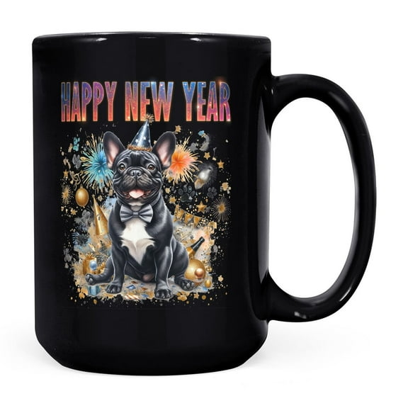 Happy New Year with French Bulldog Fireworks Holiday Xmas Winter 2025 Mug Dog Lover Gifts Coffee Tea Cup - 00025