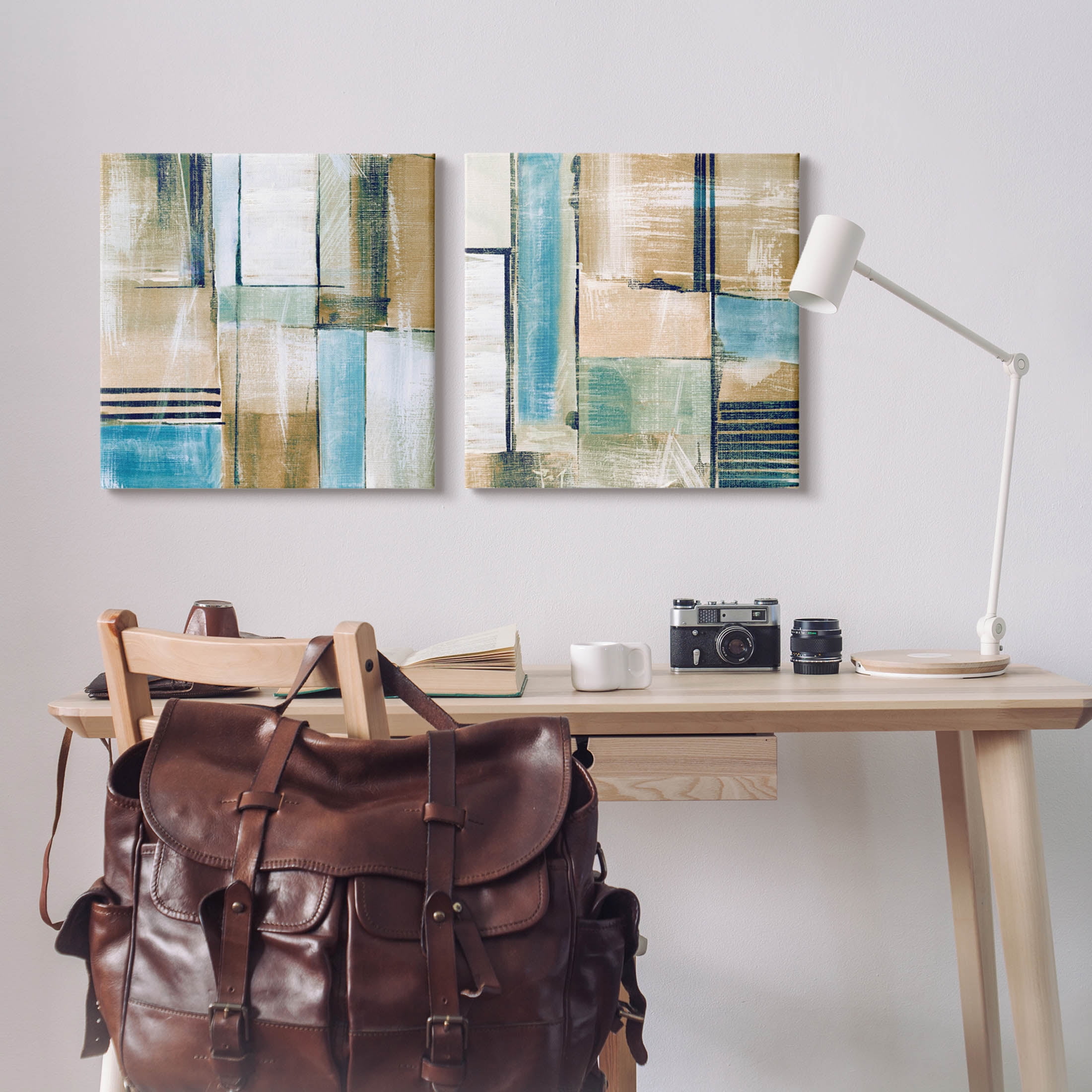 Contemporary Geometric Neutral Tones Abstract Graphic Art Gallery Wrapped Canvas Print Wall Art, Set of 2