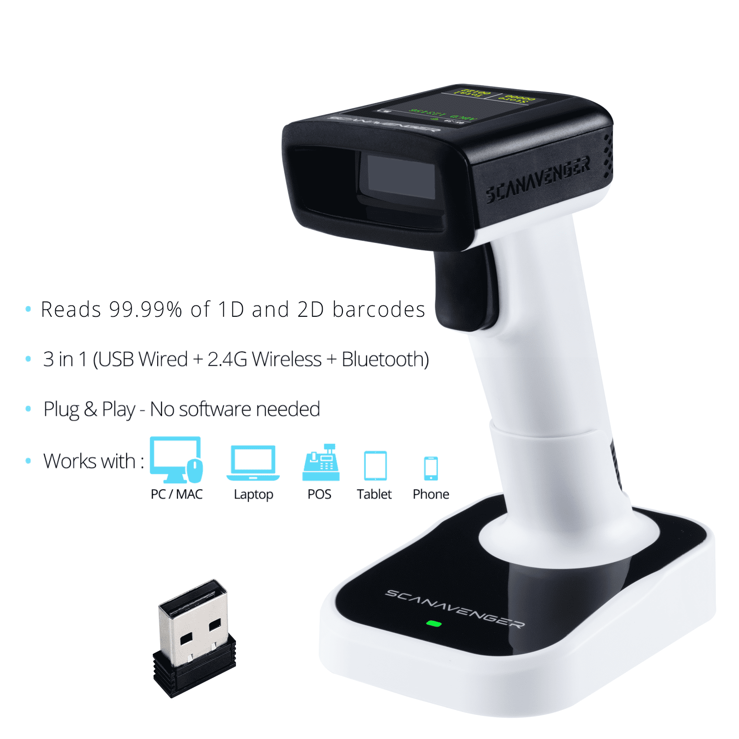 ScanAvenger SA9400 Wireless 1D/2D Barcode Scanner – Bluetooth, Wi-Fi, USB, Handheld/on-Counter with LCD Display
