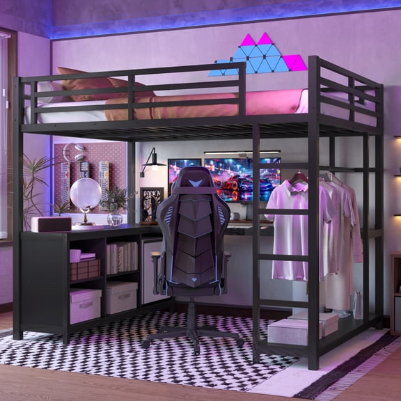Full Metal Loft Bed with L-Shaped Desk and Wardrobe, Space-Saving Heavy Duty Loft Bed with Storage Cubes and Shelves for Kids Teens, Easy Assembly, Black
