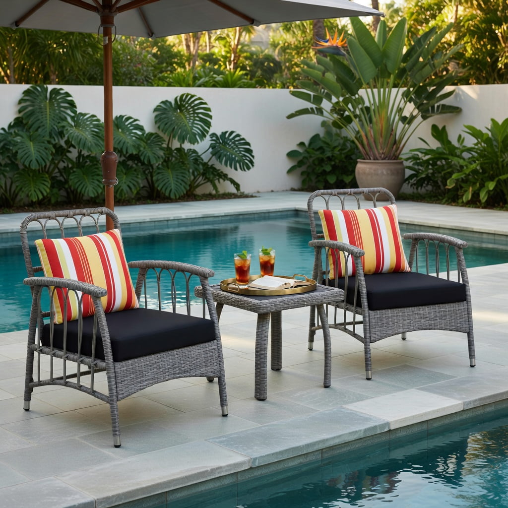 Hommoo 3-Piece PE Wicker Patio Furniture Set, Outdoor Chairs with 5-Position Adjustable Backrest & Square Coffee Table, All-Weather Garden Seating for Porch, Balcony, Backyard, Gray