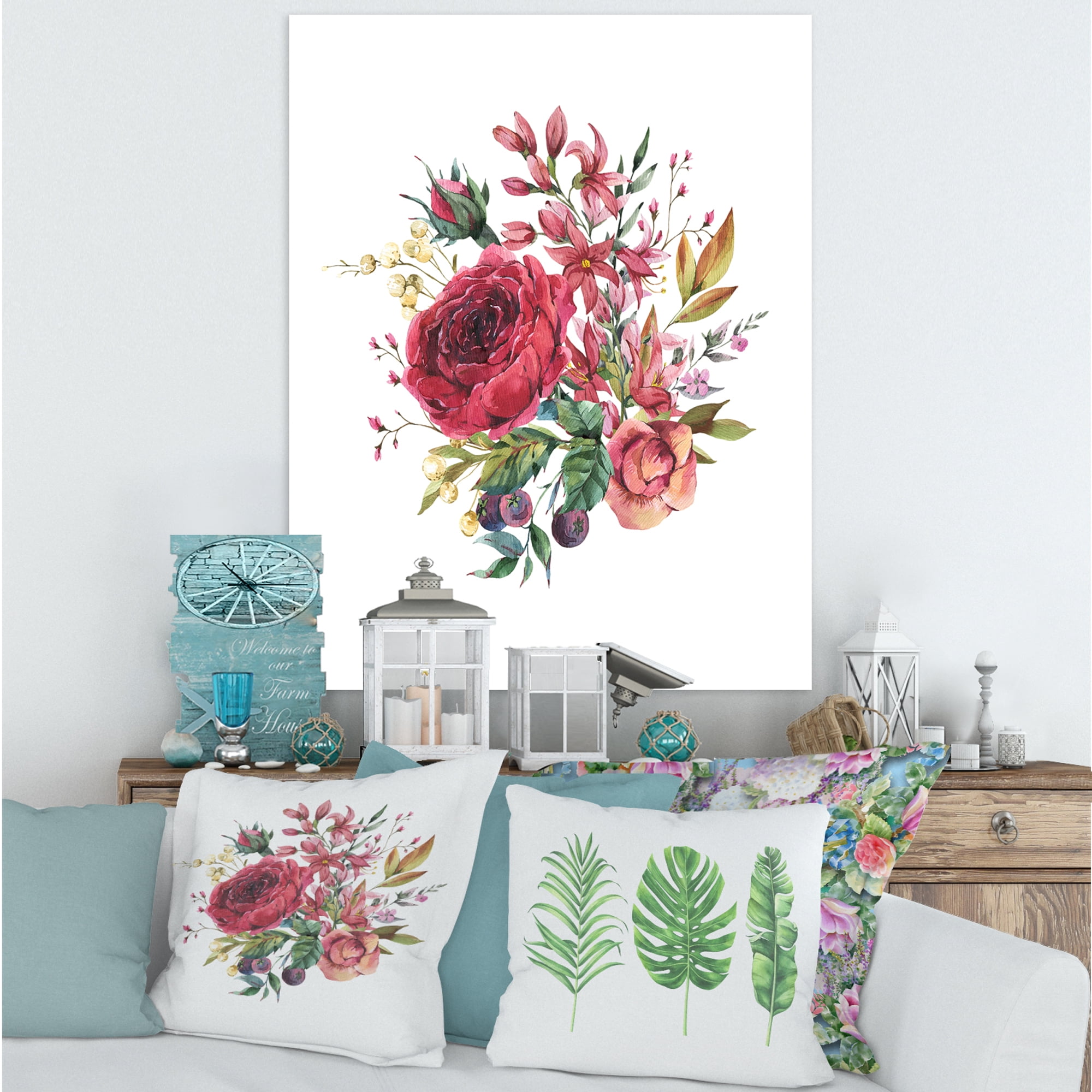 Designart ' Ancient Wildflowers and Burgundy Rose ' Farmhouse Canvas Wall Art Print
