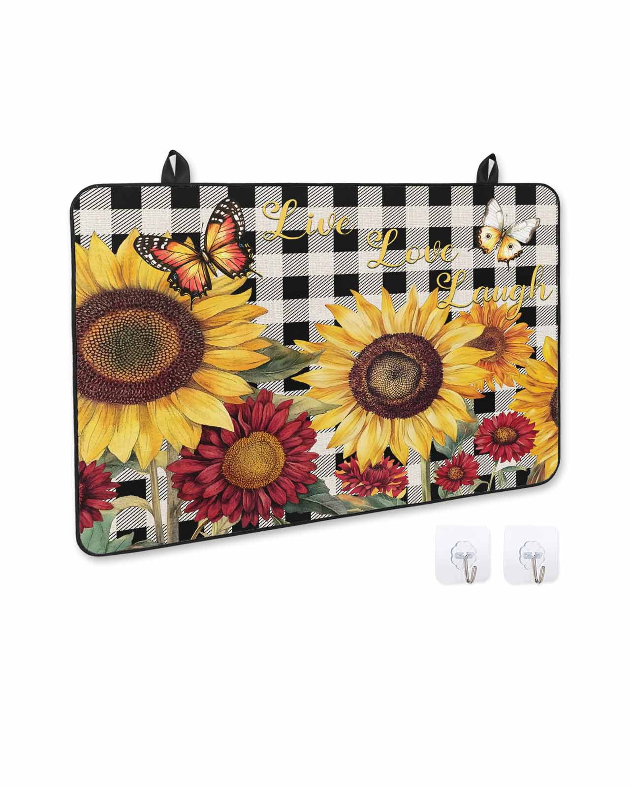 nqOlkjepod Large Induction Cooktop Protector Mat 24"x21", Sunflower Black Check Stove Top Covers for Electric Stove, Farmhouse Flowers Butterfly Stove Burner Cover Mats, Glass Top Stove Cover