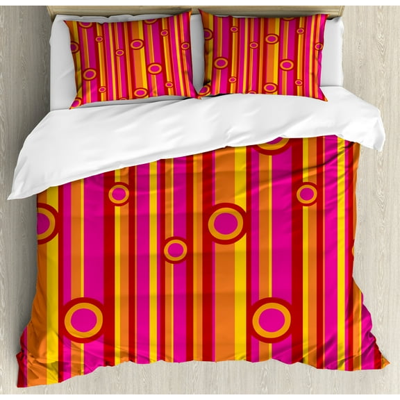 Retro Duvet Cover Set, Vibrant Colors Striped Pattern with Circles Vintage Geometric Illustration Print, Decorative 3 Piece Bedding Set with 2 Pillow Shams, Queen Size, Pink Red Orange, by Ambesonne