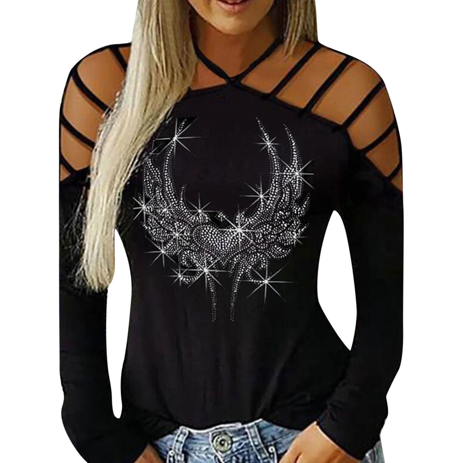Bling Rhinestone Women Tunic Tops Basic Cold Shoulder V Neck Elegant Sexy  Casual - Walmart.com