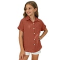 thumbnail image 3 of Aihuaihua Boys Button Down Linen Shirt Short Sleeve Tops for Girls Summer Beach Casual Collared Blouse Soft Tunic Tees with Pocket Brick Red 11-12 Years, 3 of 7