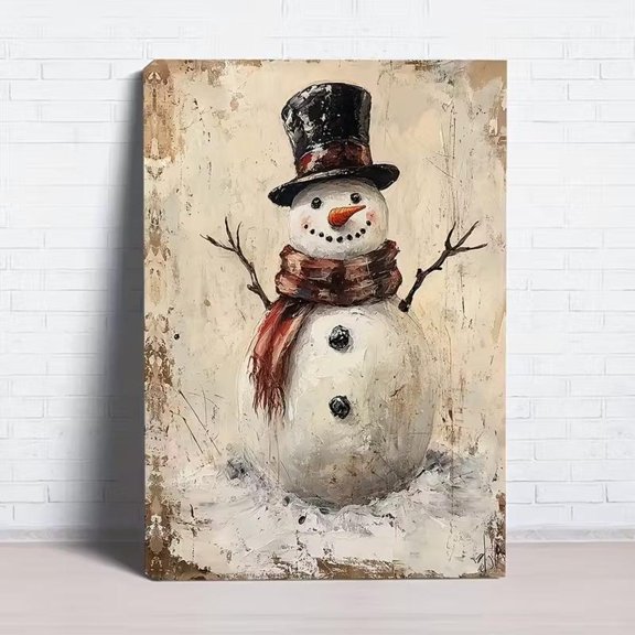 Rustic Snowman Canvas Wall Art, Vintage Snowman with Hat and Scarf, 8x12 UNFRAMED