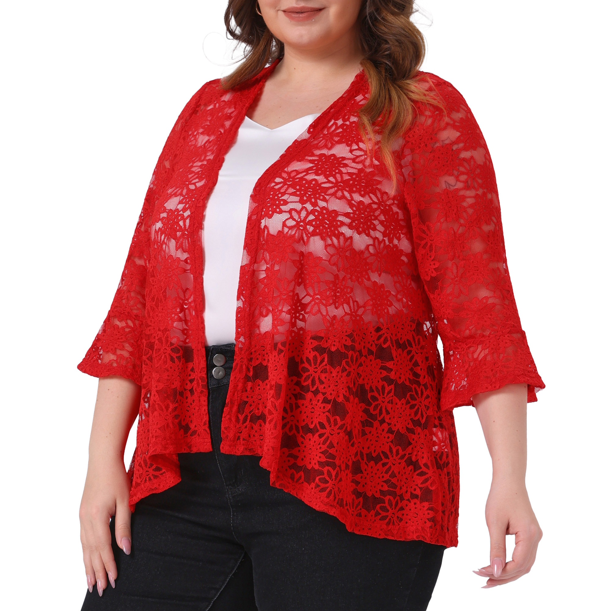 DARING DIVA Women's Plus Size Open Front 3/4 Sleeve Sheer Lace Cardigan 2X Red