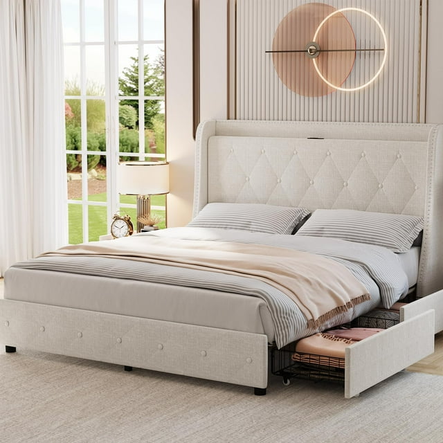 BeesClover Bed Frame with 4 Storage Drawers, Full Size Bed Frame with Headboard and Storage, Platform Bed Frame with Charging Station & Wingback, No Box Spring Needed, Noise-Free