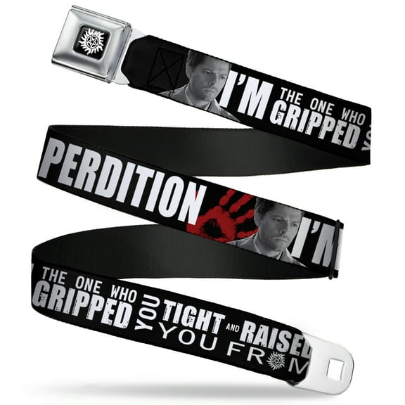 Supernatural Belt, Seatbelt Buckle Belt, Castiel Hand Print Raised From Perdition Black Red Gray, 30 to 44 Inches