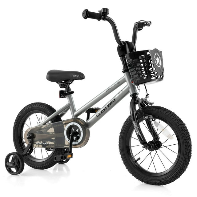 Costway 14" Kid's Bike with Training Wheels Adjustable Handlebar & Seat Handbrake Silver