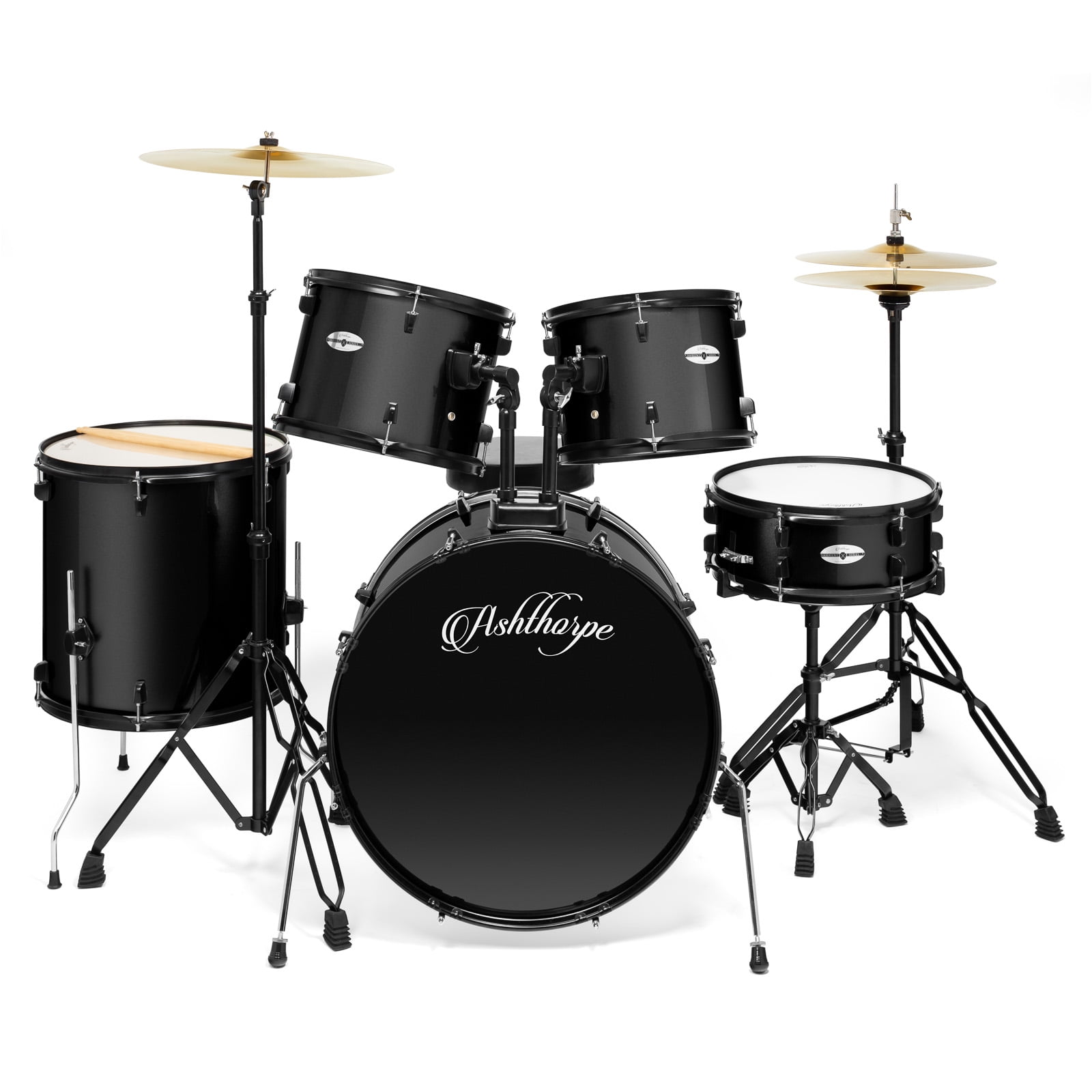 Ashthorpe 5-Piece Complete Full Size Adult Drum Set with Remo Batter Drumheads - Black