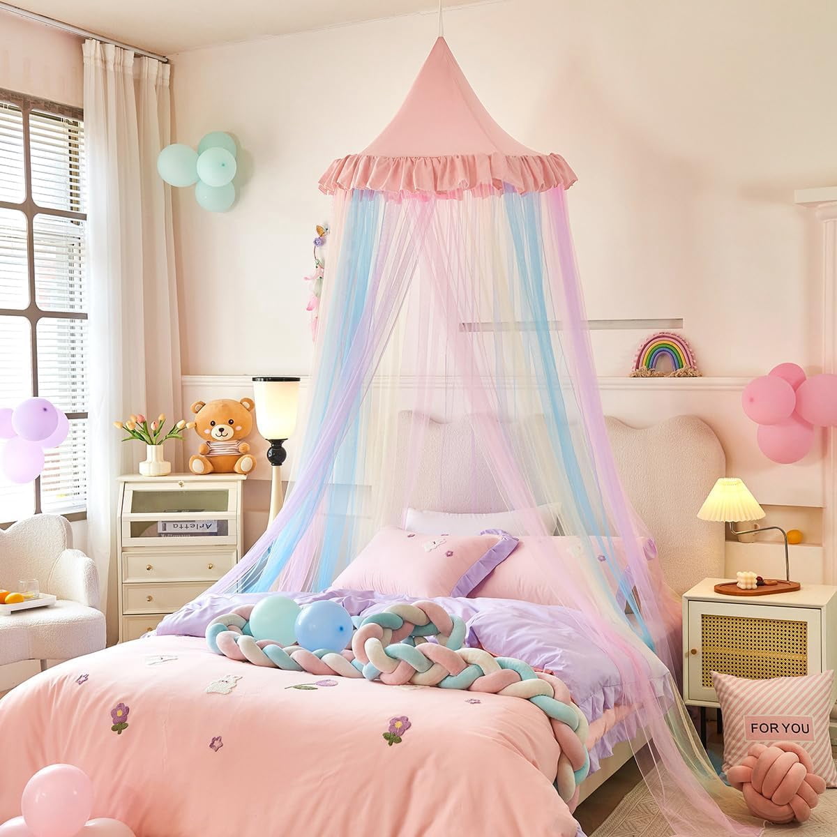 Rainbow Bed Canopy for Girls Dreamy Mosquito Net for Bed Round Dome Princess Bed Canopy Girl Room Play Tent Kids Canopy Bed Netting Curtains (Single Layer- Pink)