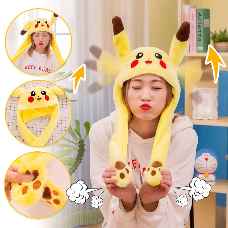 Rabbit Pikachu Style Cute Funny Hats With Ears Moving Plush Toy Stuffed Soft Hat 