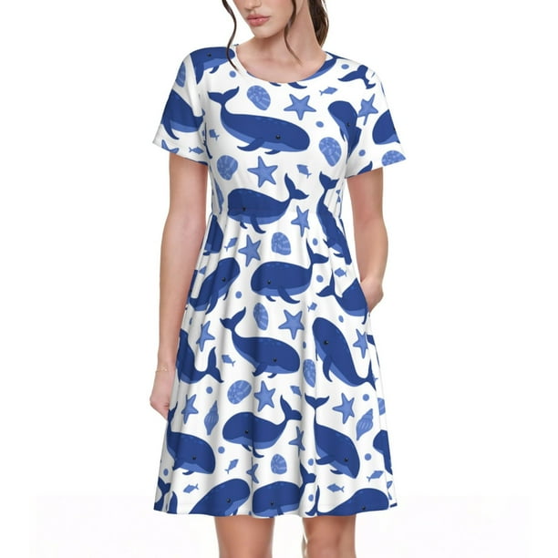 Fotbe Whale Vestido Largo de Moda para Mujer, Vestido Tipo Camiseta con Manga Corta y Estilo Casual a Rayas y Bloques de Color