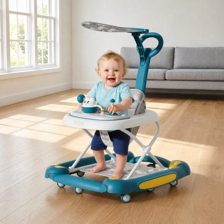 XunKA 6-in-1 Multifunctional Baby Walker, Foldable Push Walker with Musical Activity Station for 6-24 Months,Green.