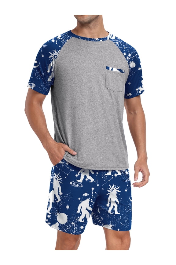 Men's Pajamas Colors Contrast Short Sleeve Round Neck 2-piece Set Men's Loose Shorts Casual Set Raglan Pajamas