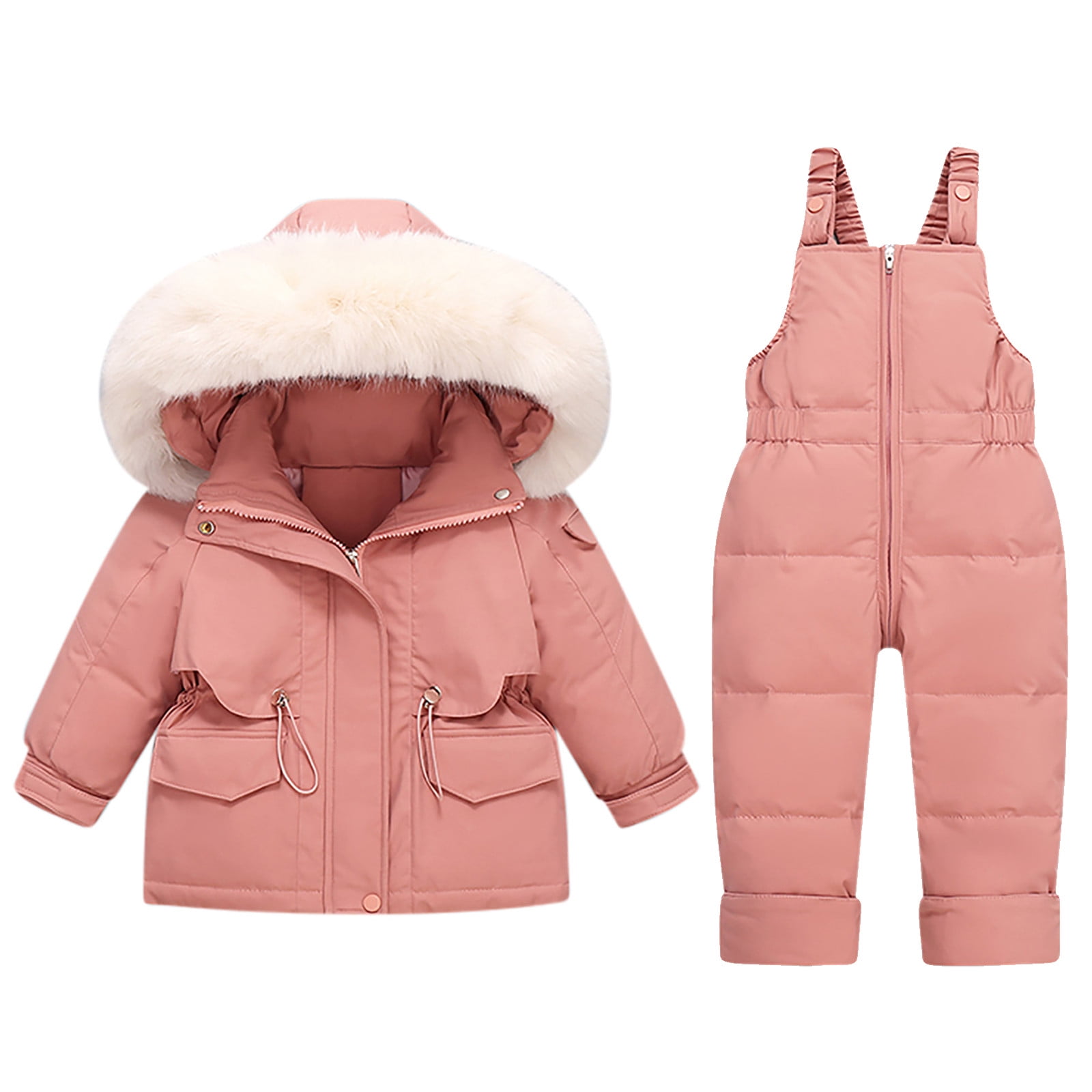 Jinhomg Unisex Baby Winter Snowsuit 2 Piece Toddler Warm Suits 2025 Trendy Windproof Faux Fur Trim Hooded Puffer Coat with Snow Bib Pants Sets Fall Saving Watermelon Red 12 Months