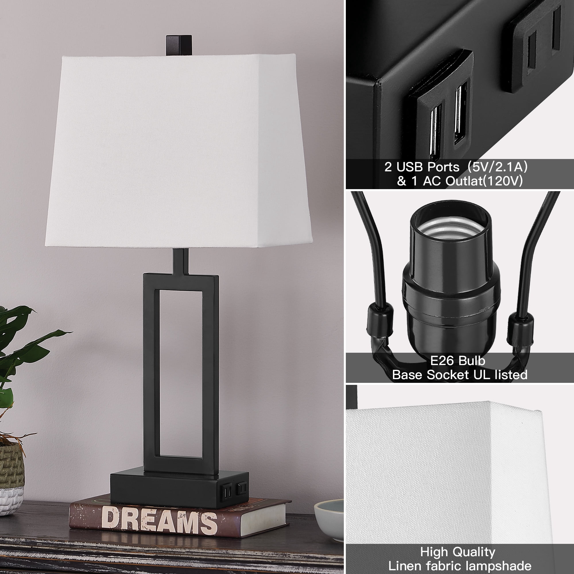 Cinkeda 3 Way Dimmable Touch Table Lamp Set of 2 with USB Ports AC Outlet Modern Rectangle Nightstand Bedside Lamps for Living Room Bedroom