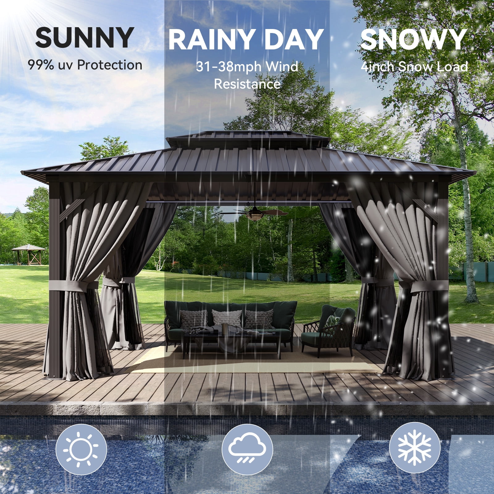 Bapipro 12'x10' Hardtop Gazebo, Aluminum Frame Permanent Pavilion with Curtains and Netting, Outdoor Metal Double Roof Canopy, Designed for Garden, Lawns, Patio, Gray