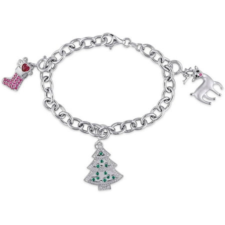 Tangelo 1 Carat T.G.W. Created Ruby, Emerald and White Sapphire with Diamond-Accent Sterling Silver Stocking, Tree and Deer Charm Link Bracelet, 7.5