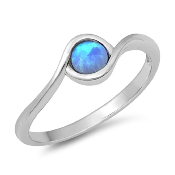 Blue Simulated Opal Round Tension Ring Sterling Silver Size 6