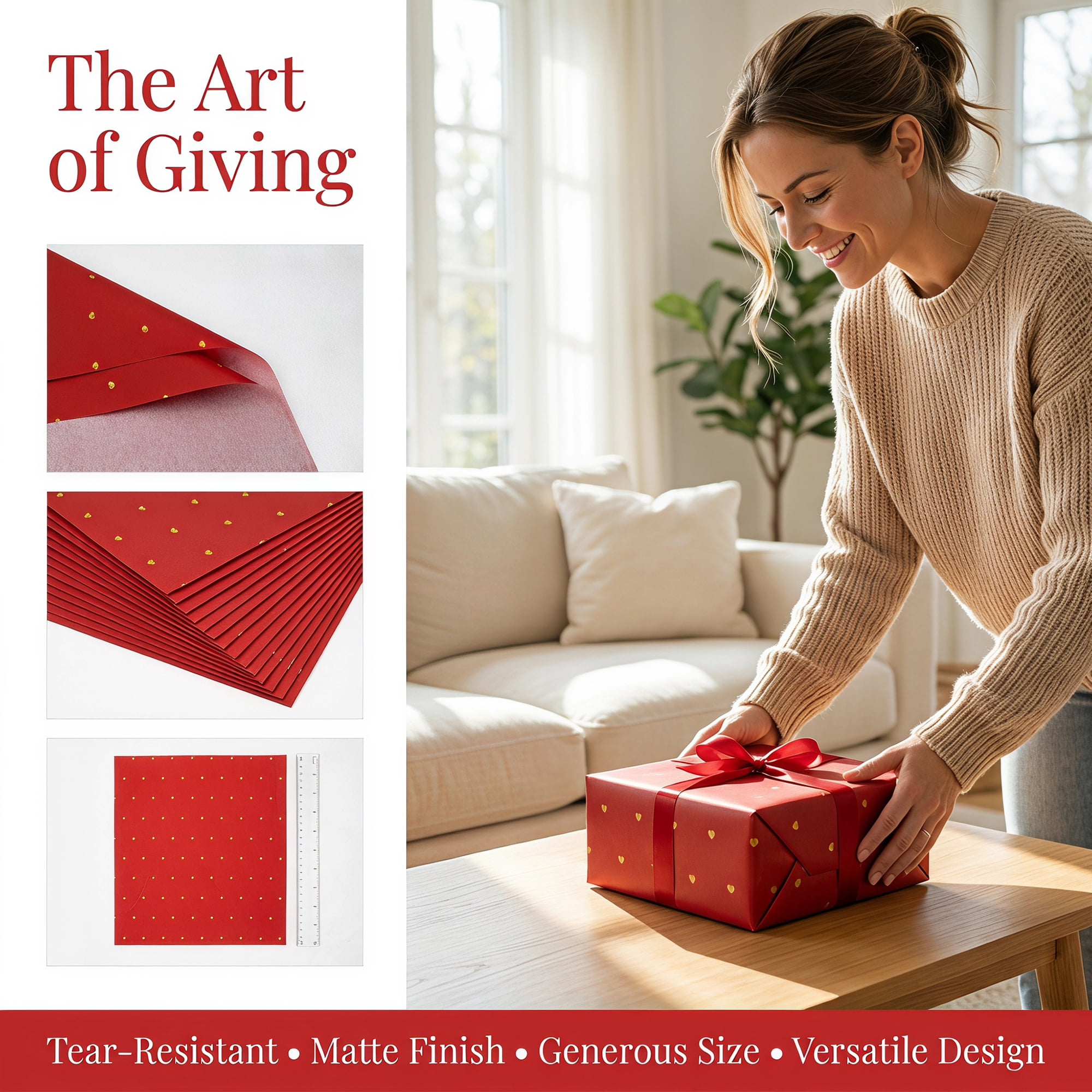 Unique Bargains 20Pcs Heart Pattern Gift Wrapping Paper Red Gold 27.6" x 19.7"