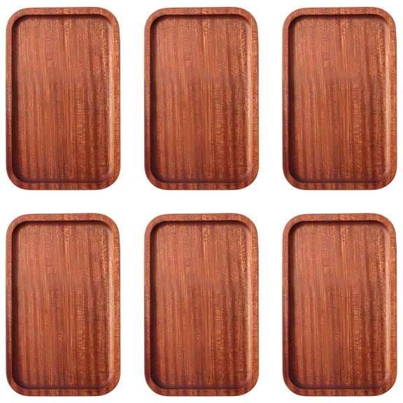 6 Pcs Wooden Serving Trays, 7.9 x 5.1 in Rectangular Serving Platters, Solid Wood Tray with Raised Edge, Natural Brown Wood Grain Trays for Kitchen, Bread, Fruit, Cake, Dessert