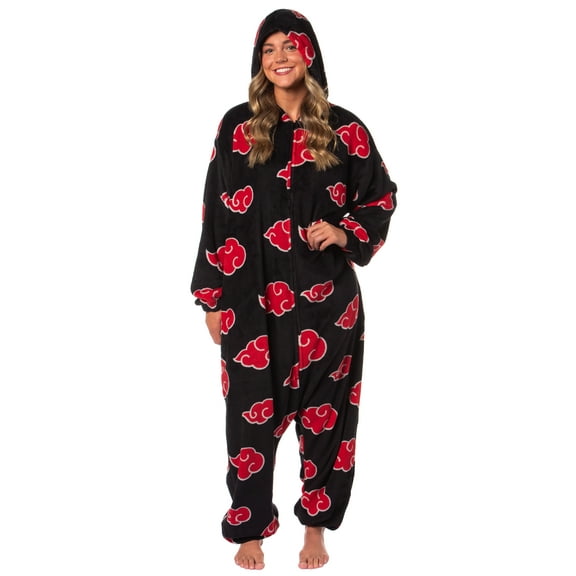 Naruto Shippuden Akatsuki Red Clouds Shinobi Anime Adult Kigurumi One Piece Costume Loungewear Sleep Pajama Union Suit