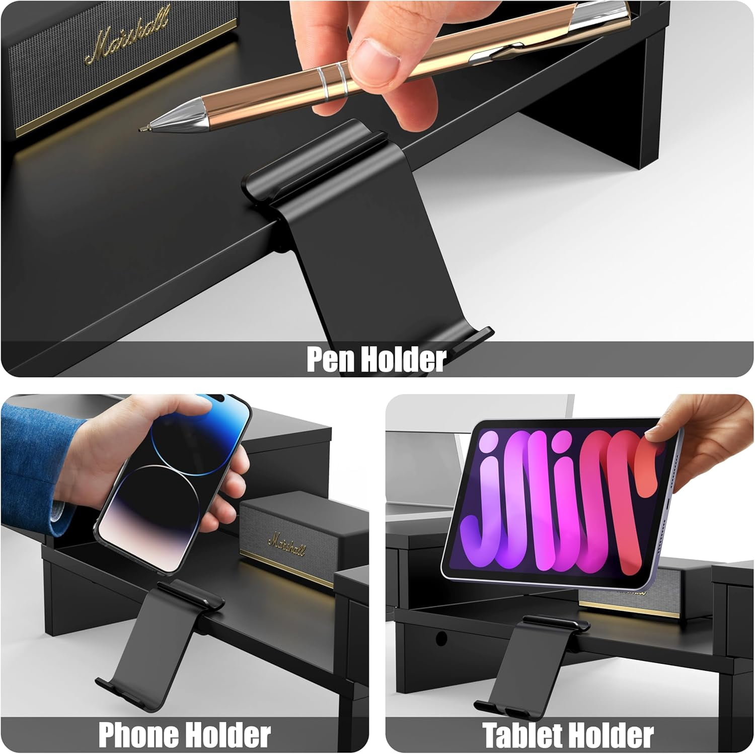 Dual Monitor Stand with Drawers and Phone Holder for Office Desk Organization
