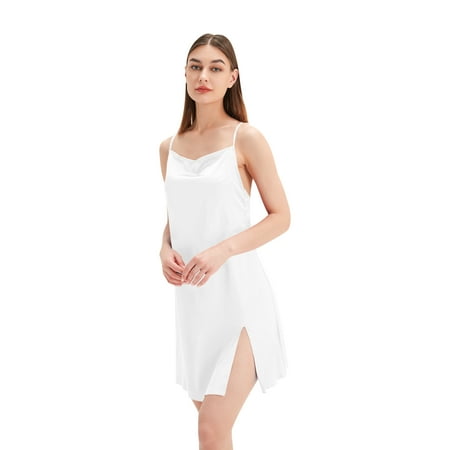 

RABBITH Women Sexy Spaghetti Strap Satin Nightgown Cowl Neck Split Sleep Dress Lingerie