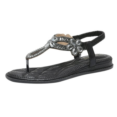

Summer Women Slingback Wedges Sandals Elastic Ankle Strap Casual Bohemian Beach Shoes Metallic Rhinestone Decor Thong Sandals