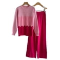thumbnail image 4 of Knitted Sets for Women 2 Piece Long Sleeve Crewnceck Pleated Top Elastic Waist Wide Leg Pants Casual Loose Color Block Suit Fashion Fall Winter Cozy Warm Outfits, 4 of 4