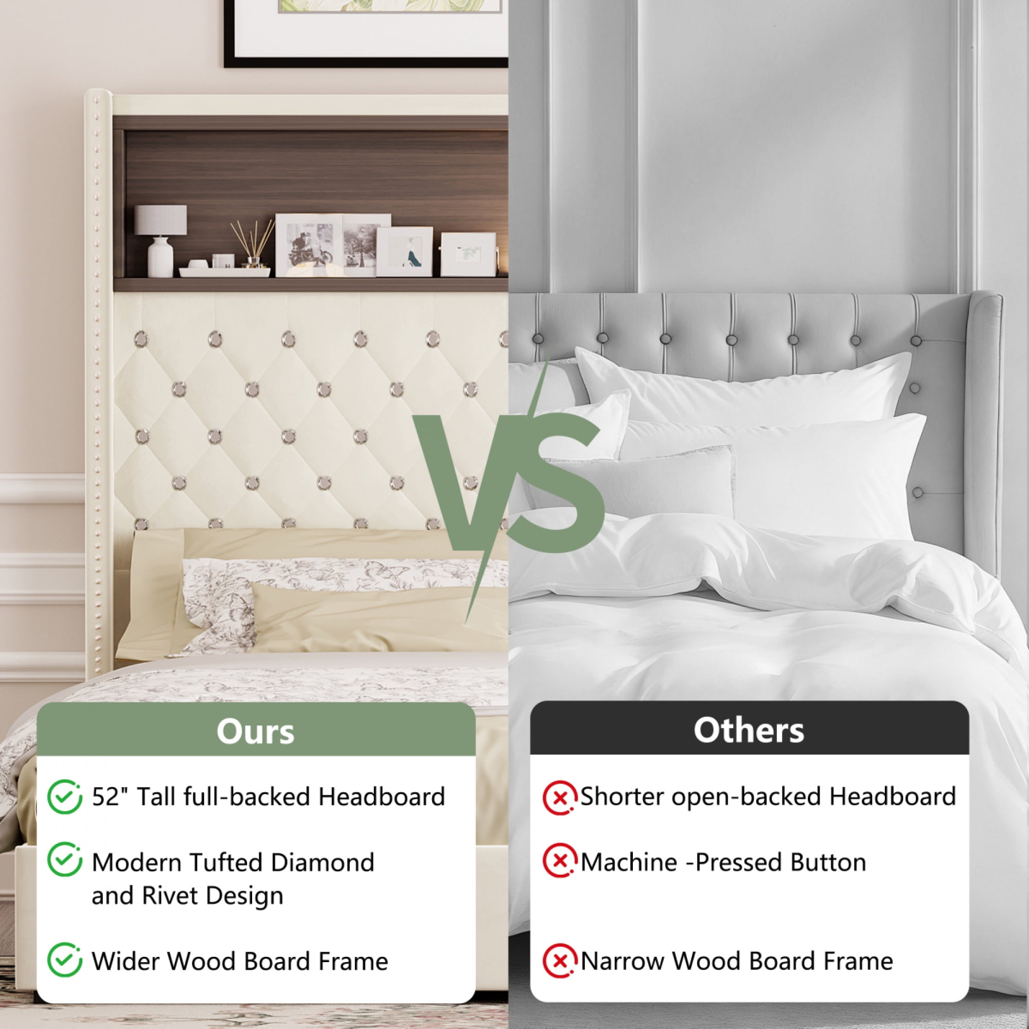Queen Size Velvet Tufted Wing-back Bed Frame - 52'' High Rivet Headboard with Shelf, USB Port & Night Light, Soft Platform Bed,Black