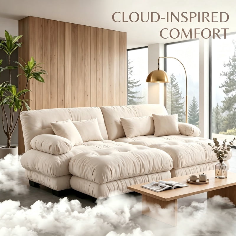ANPPORT Cloud Couch Sleeper Sofa, Chenille Light Coffee 2-Seater Modular Sofa with 2 Ottomans, 2 Lumbar pillows,2 Pillows, Comfy Deep Seat Cloud Sofa, Convertible L-Shaped Floor Couch for Living Room