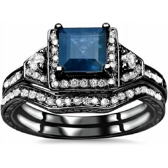 Dreamofdazzles Jewels 2.35 Ct Princess Cut Blue Sapphire Engagement Wedding Thanksgiving Christmas Bridal Ring Set 14K Black Gold Plated 925 Sterling Silver For Women's -6