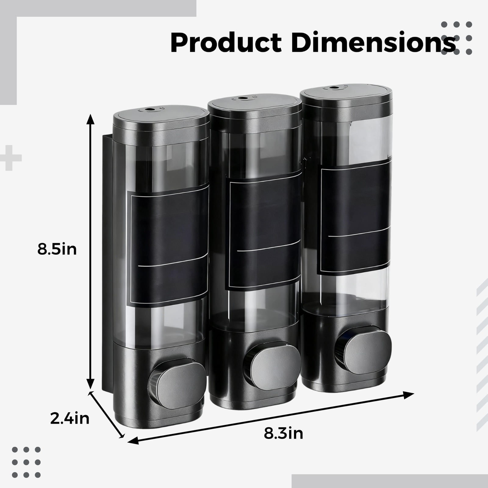 3 Pcs Shampoo and Conditioner Dispenser, Wall Mount Shower Dispenser 3 Chamber No Drill, ABS Bathroom Soap Dispenser, 8.3 x 2.4 x 8.5 in, Gray