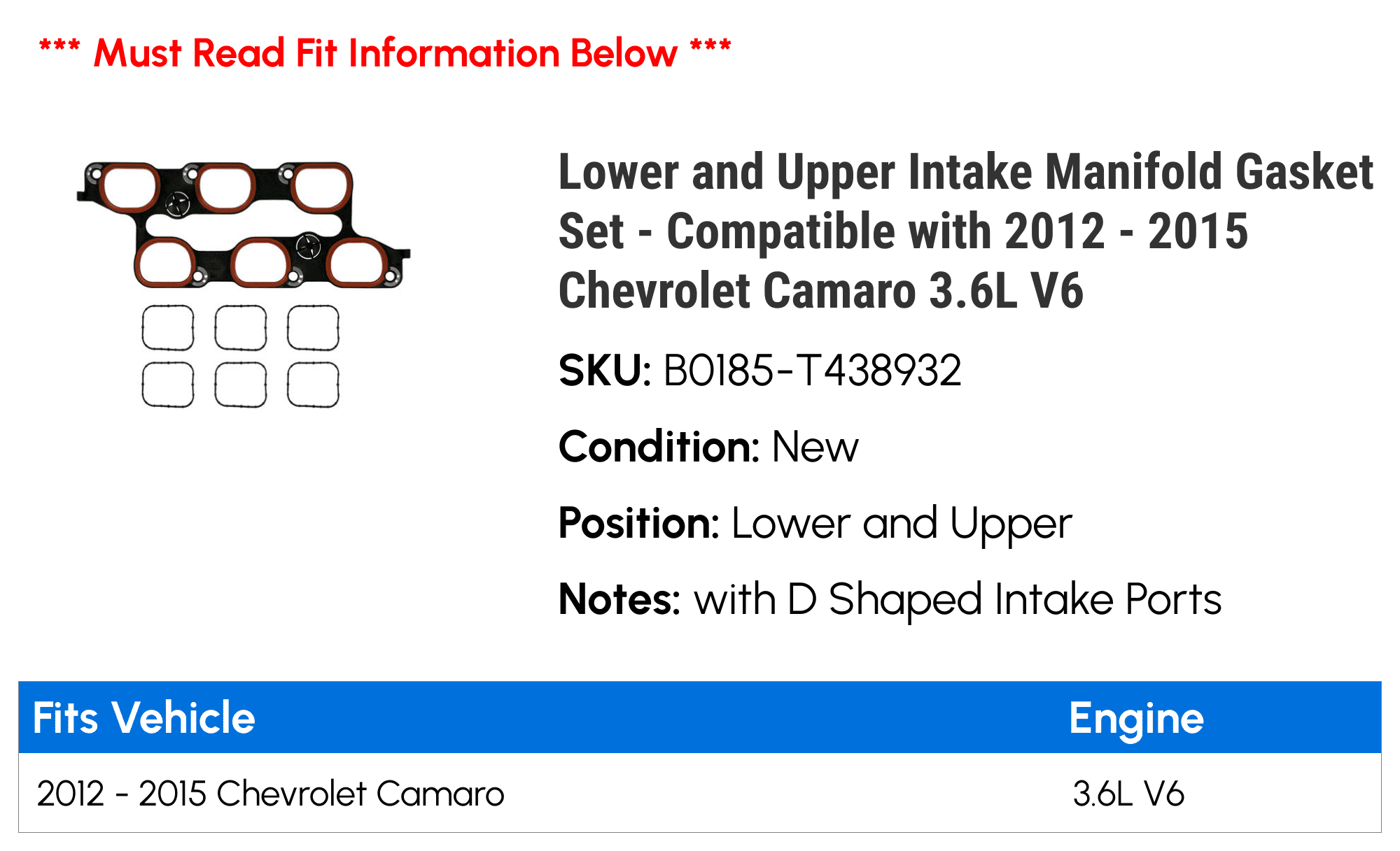 Lower and Upper Intake Manifold Gasket Set - Compatible with 2012 - 2015 Chevy Camaro 3.6L V6 2013 2014
