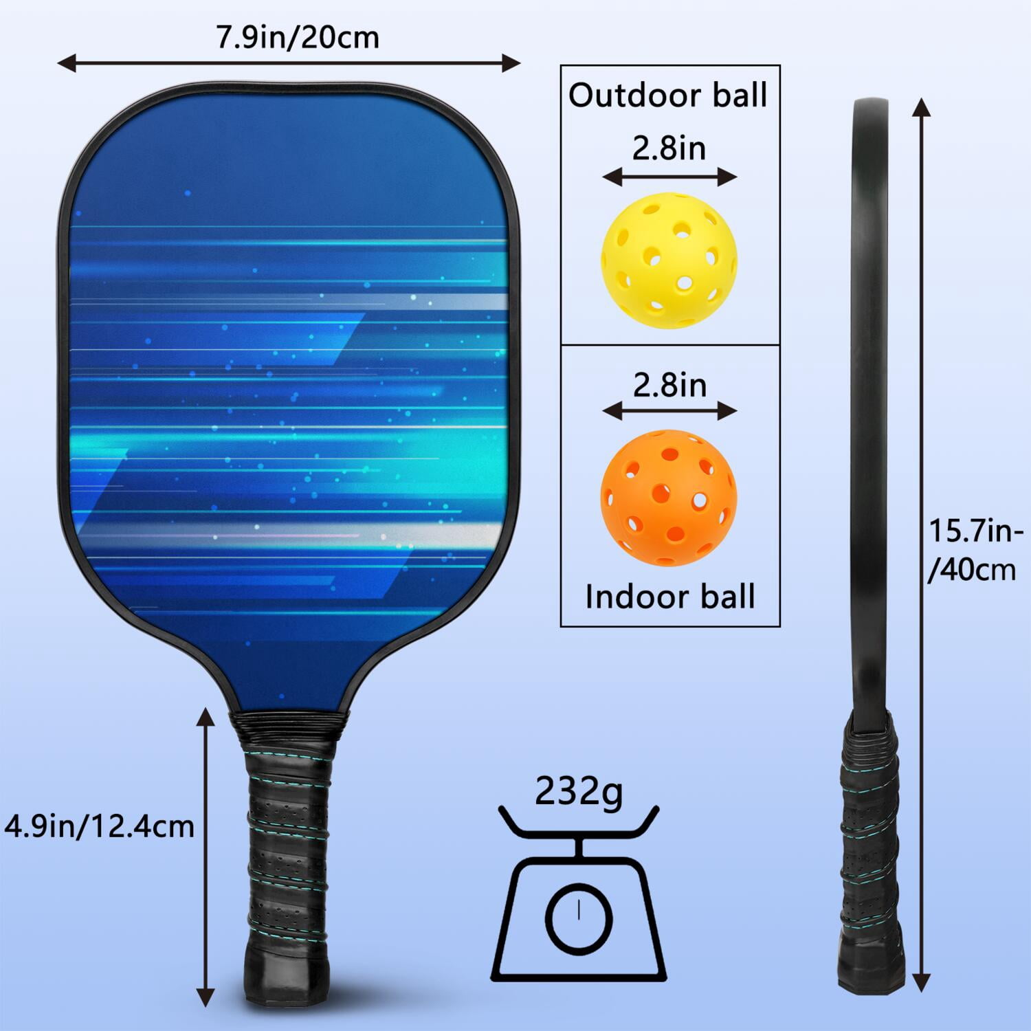 Pickleball Paddles Set Of 1, Fiberglass Surface, Speed, Lightning, Thunder Print, 1 Paddle, 2 Balls & Bag