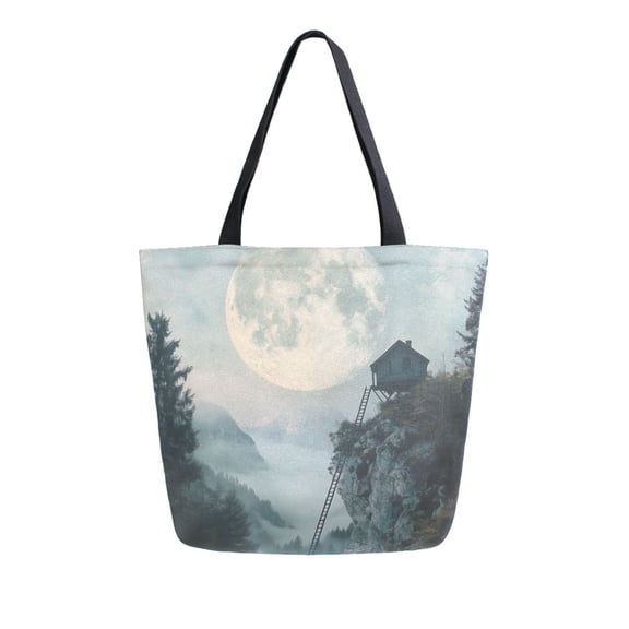 FORMRS Womens Canvas Tote Bag with Zipper Inner Pocket Shoulder Handbag, Moon and House