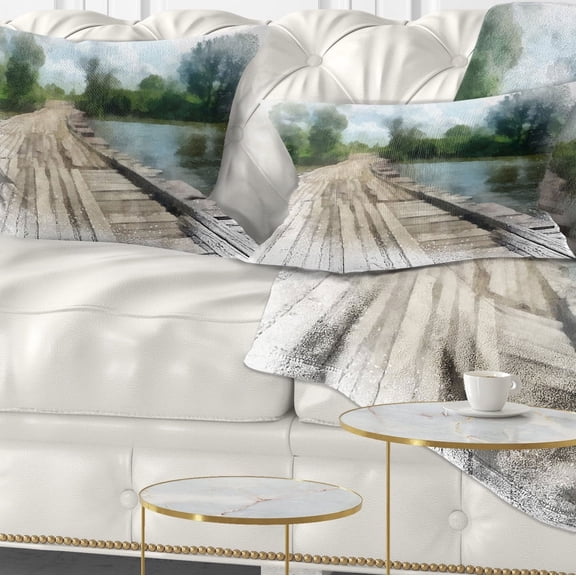 Designart Bridge over Waterfall in Forest - Landscape Printed Throw Pillow - 12x20